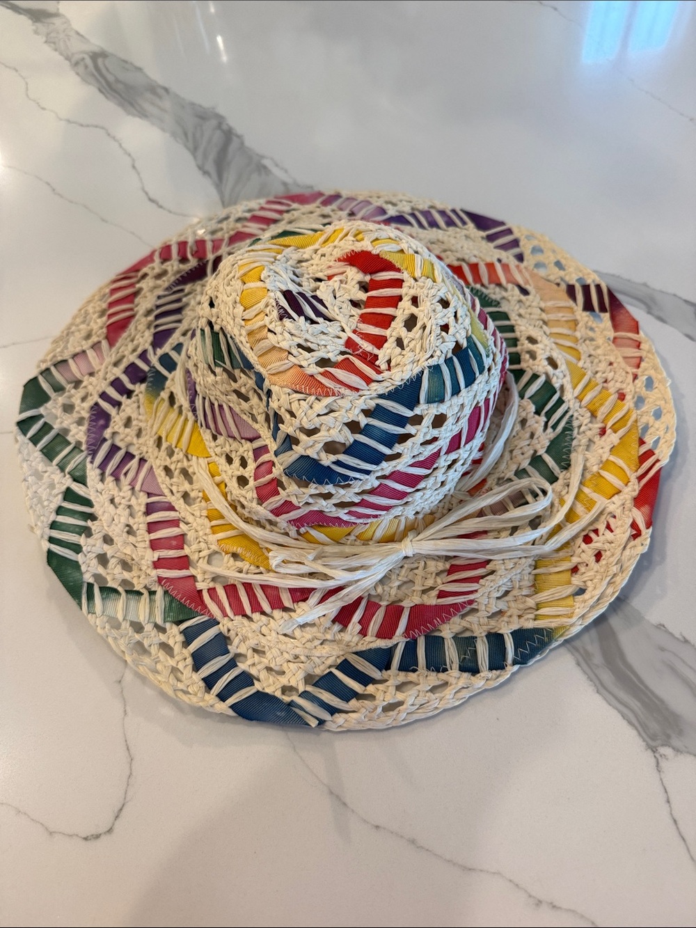 Macy's Made in Italy Cream Crochet Straw Sun Hat with Multicolor Ribbon Bands